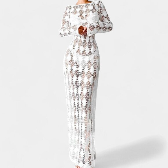 H&M White Crochet Sheer Long Sleeve Side Slit Maxi Bodycon Beach Dress Size XS/S - Picture 2 of 8